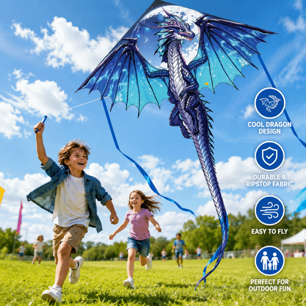 Kite Easy Fly Kids - طائرة ورقية على شكل تنين أزرق